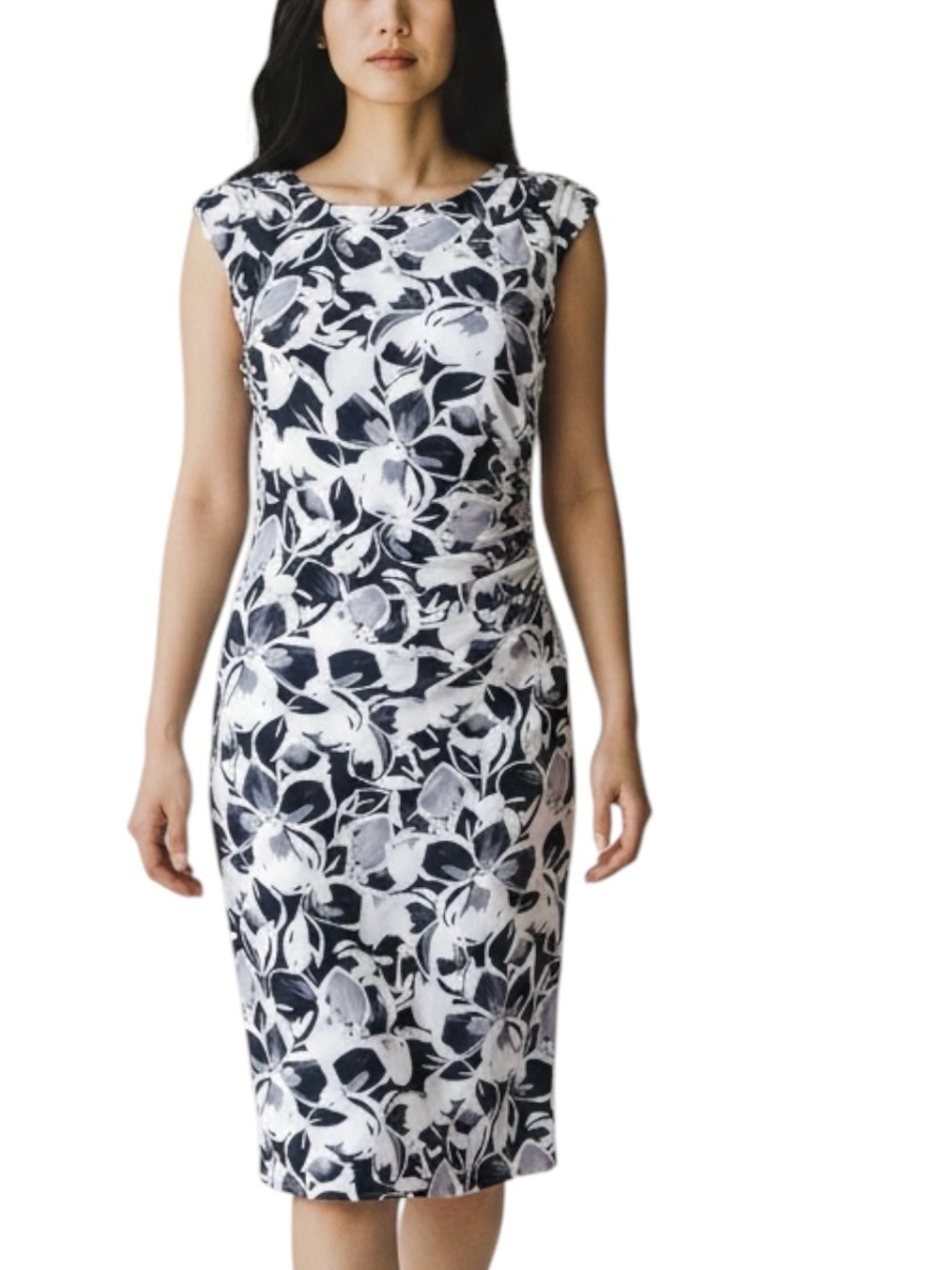 Lauren Ralph Lauren Gray Black White Floral Sheath Ruched Lined Dress Sz 2
